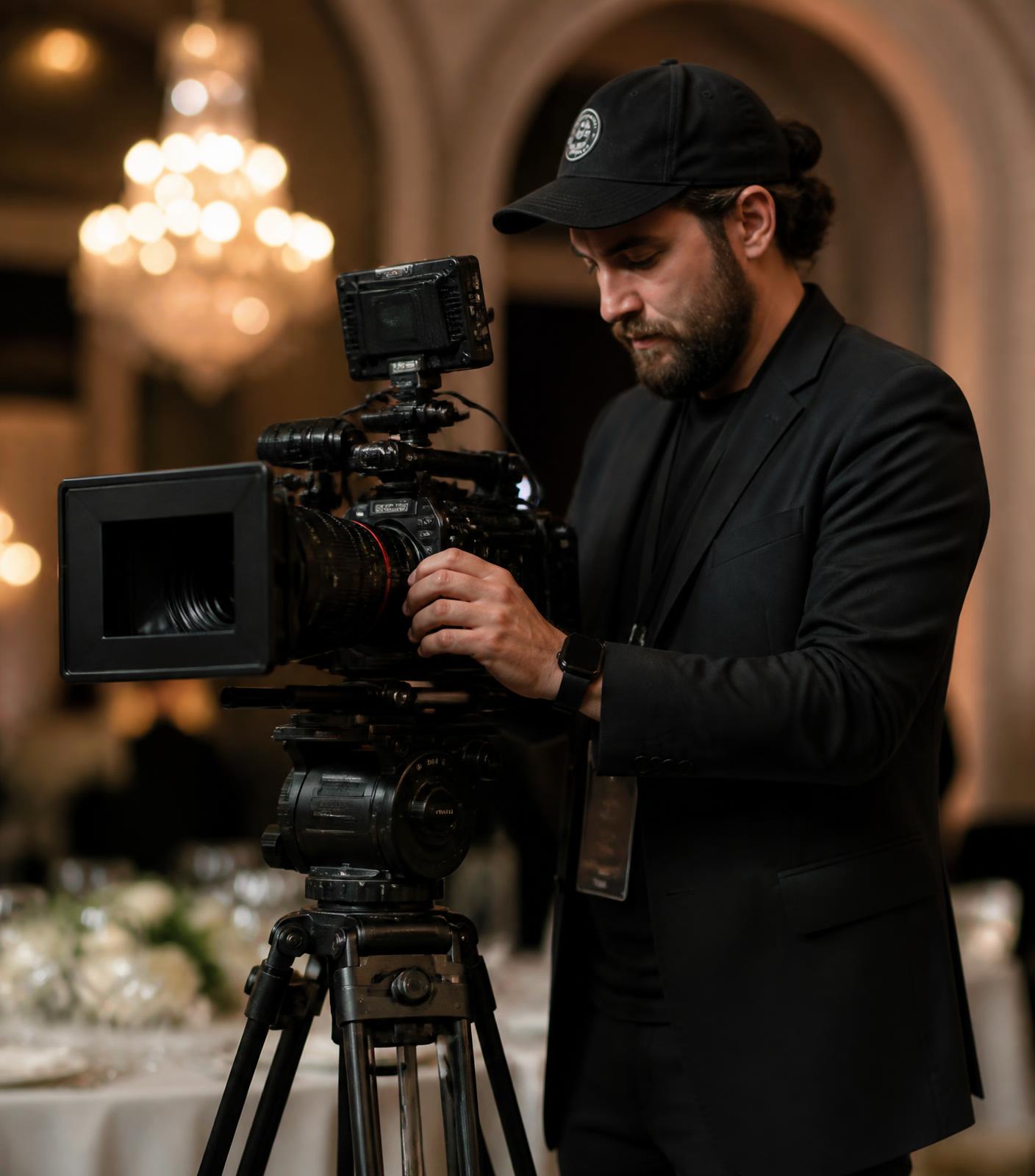Miami Memorial Media crew member in dark attire adjusting a cinema camera at an elegant venue