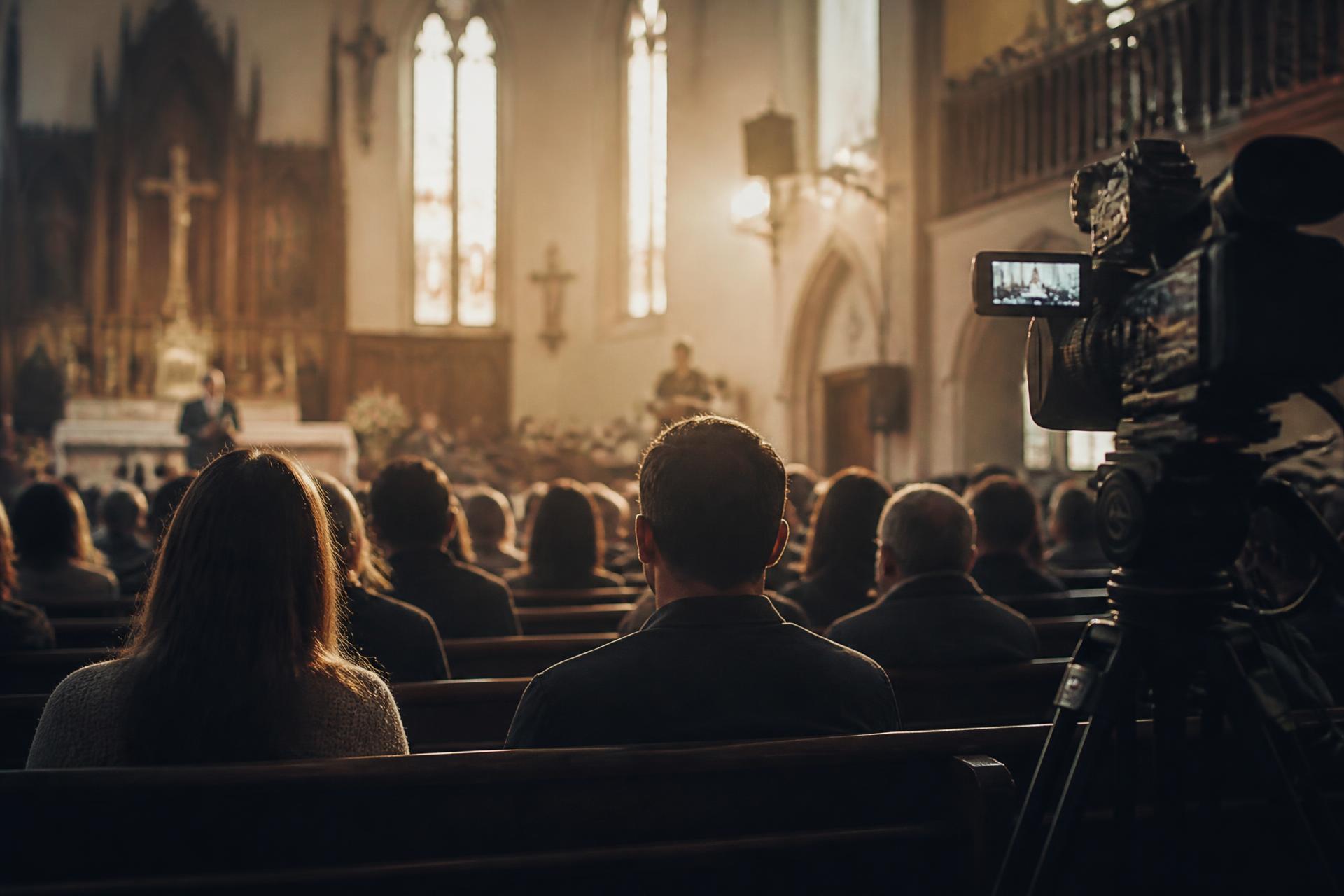 Family seated in a sunlit sanctuary while a professional broadcast camera quietly records the service